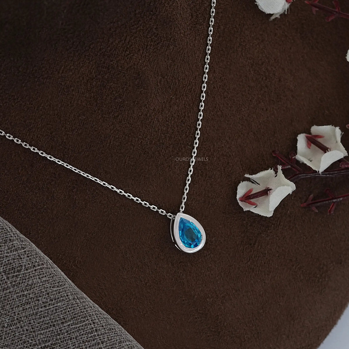 Aqua Blue Pear Gemstone Bezel Set Solitaire Pendant Necklaces