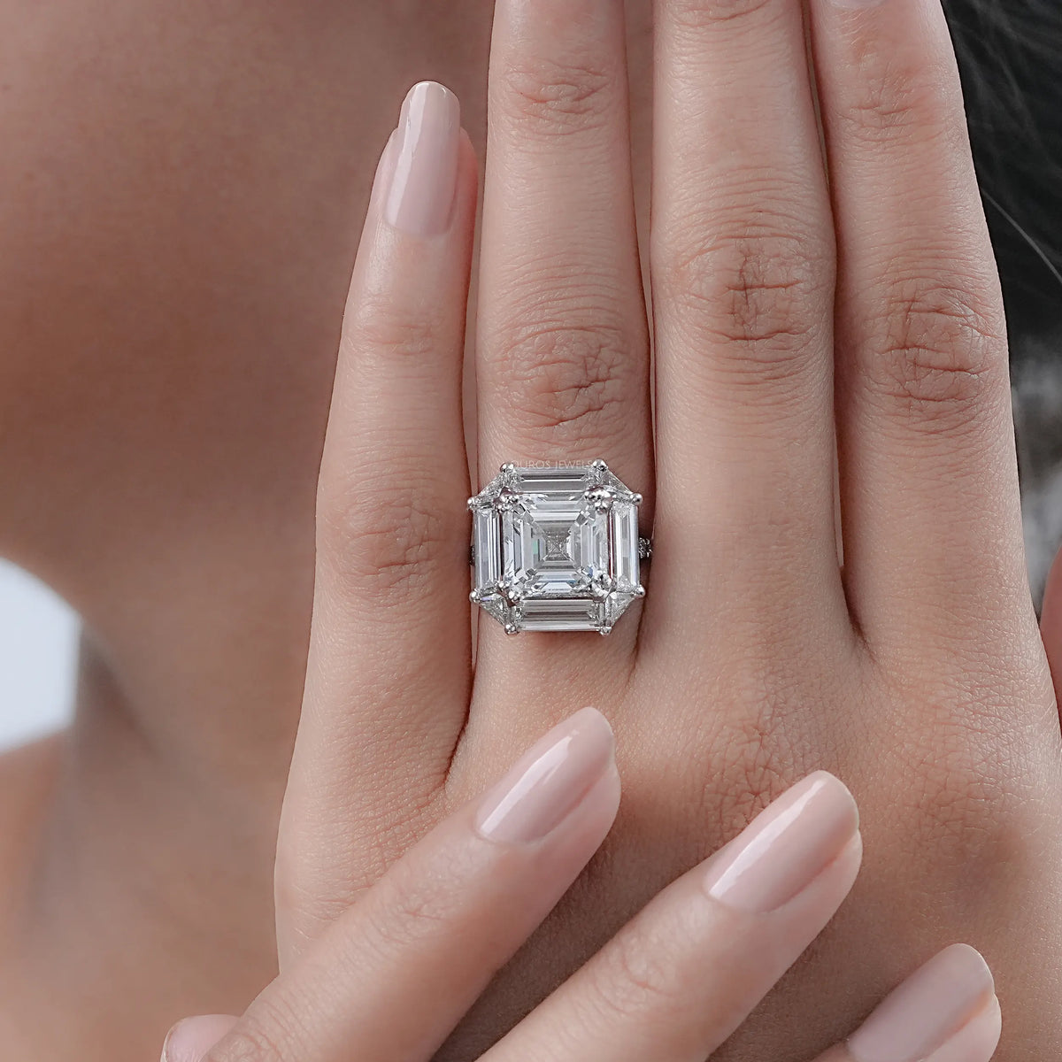 Asscher Cut Baguette Halo Accent Diamond Engagement Ring