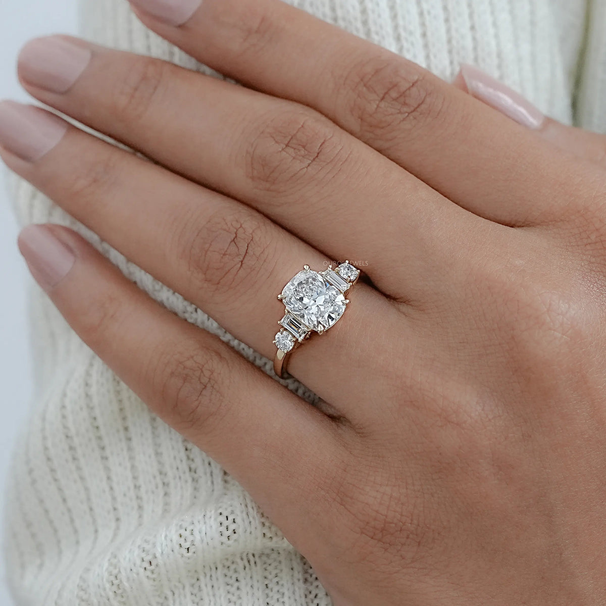 Elongated Cushion And Baguette Diamond Five Stone Engagement Ring Rings