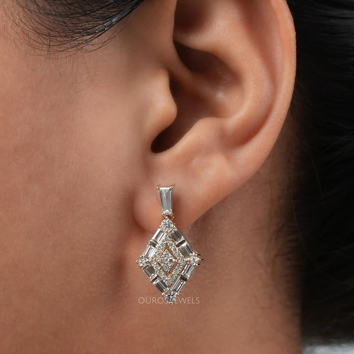 Baguette And Round Cut Double Halo Screw Back Earrings Earrings