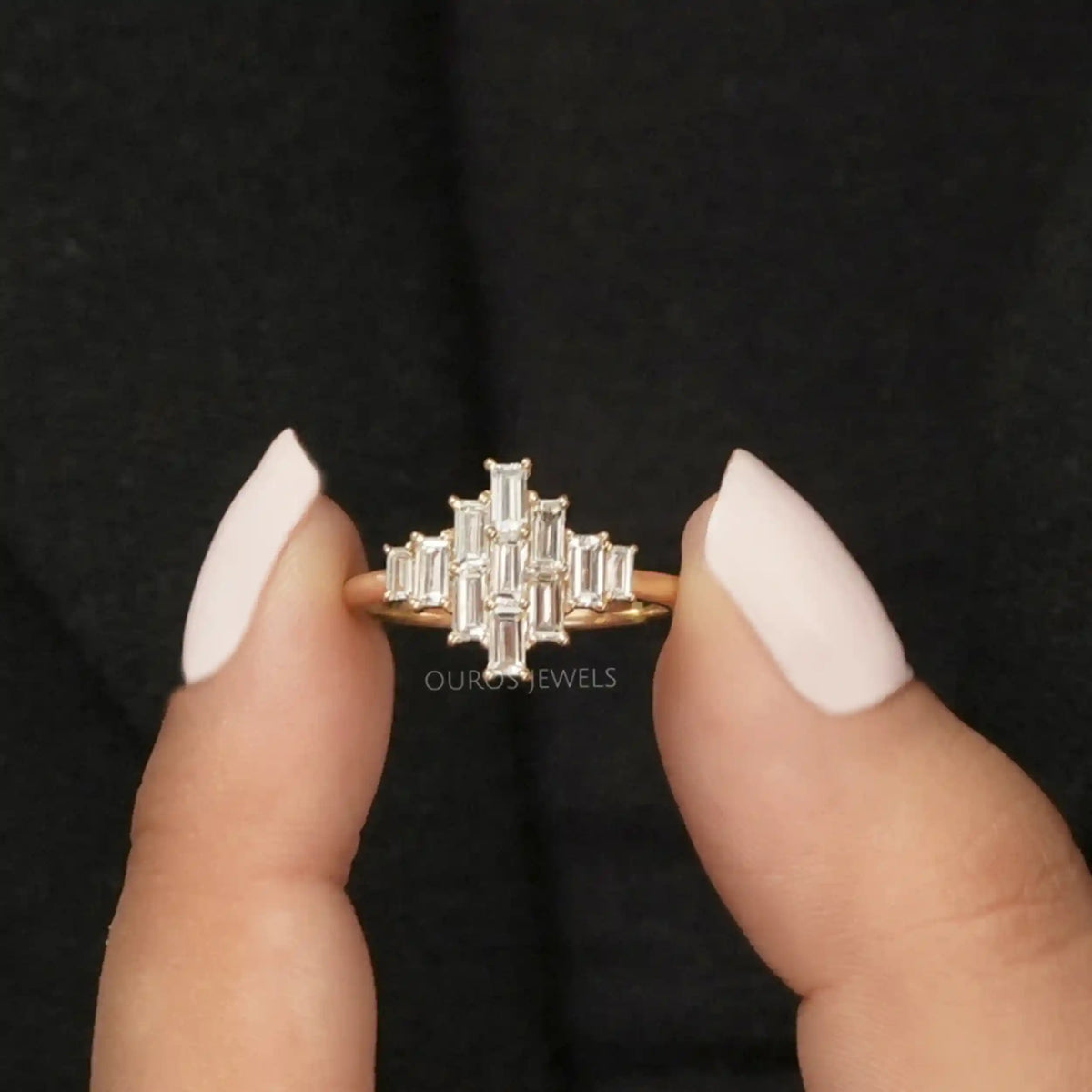 Yellow Gold Baguette Cut Cluster Diamond Engagement Ring