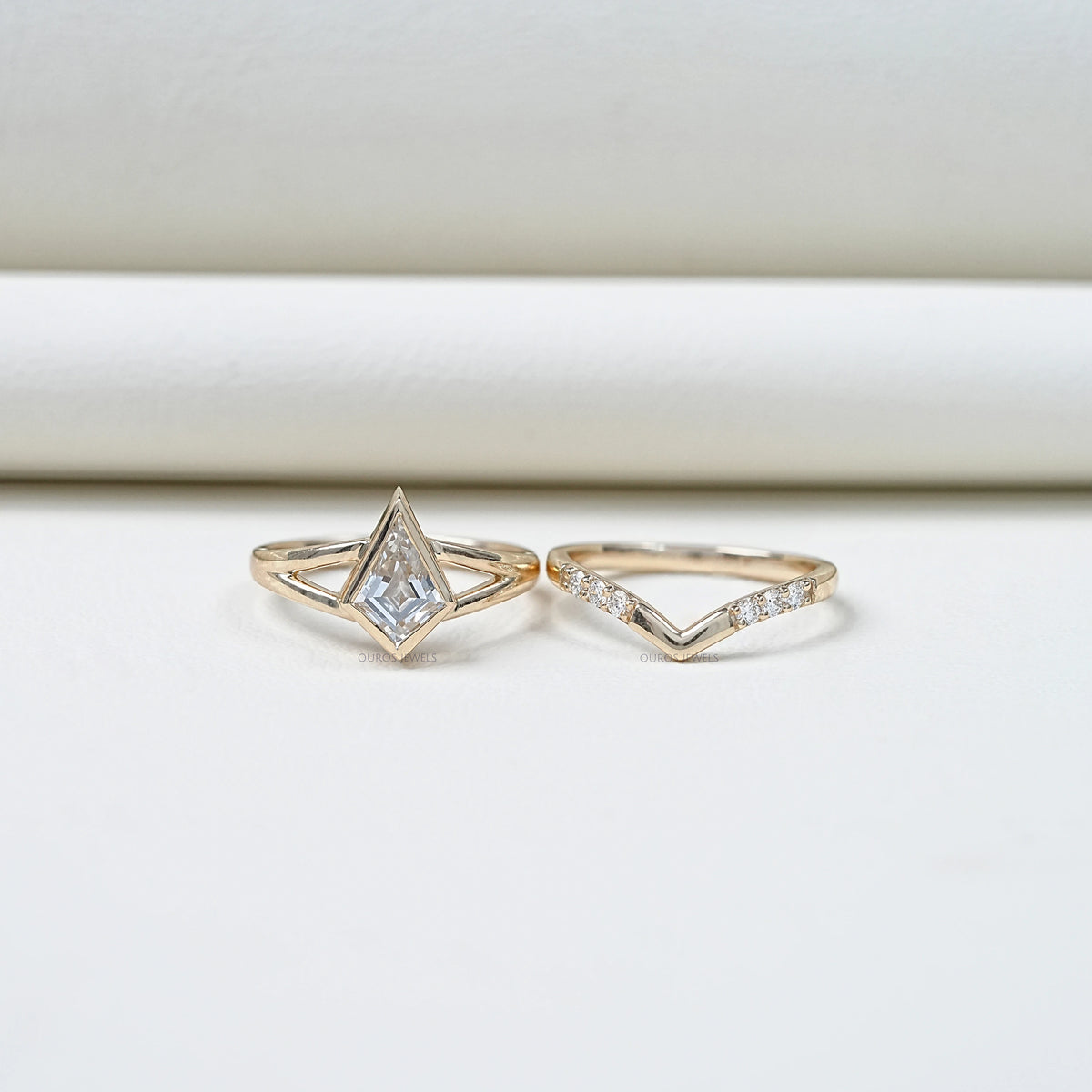 Kite Cut Lab Diamond Bezel Set Bridal Ring Set Rings