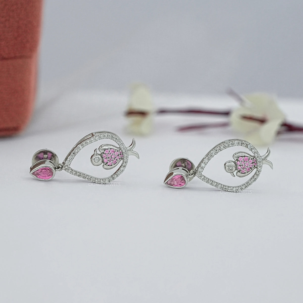 Bezel Set Pink Pear Cut Gemstone Dangle Bird Earrings Earrings