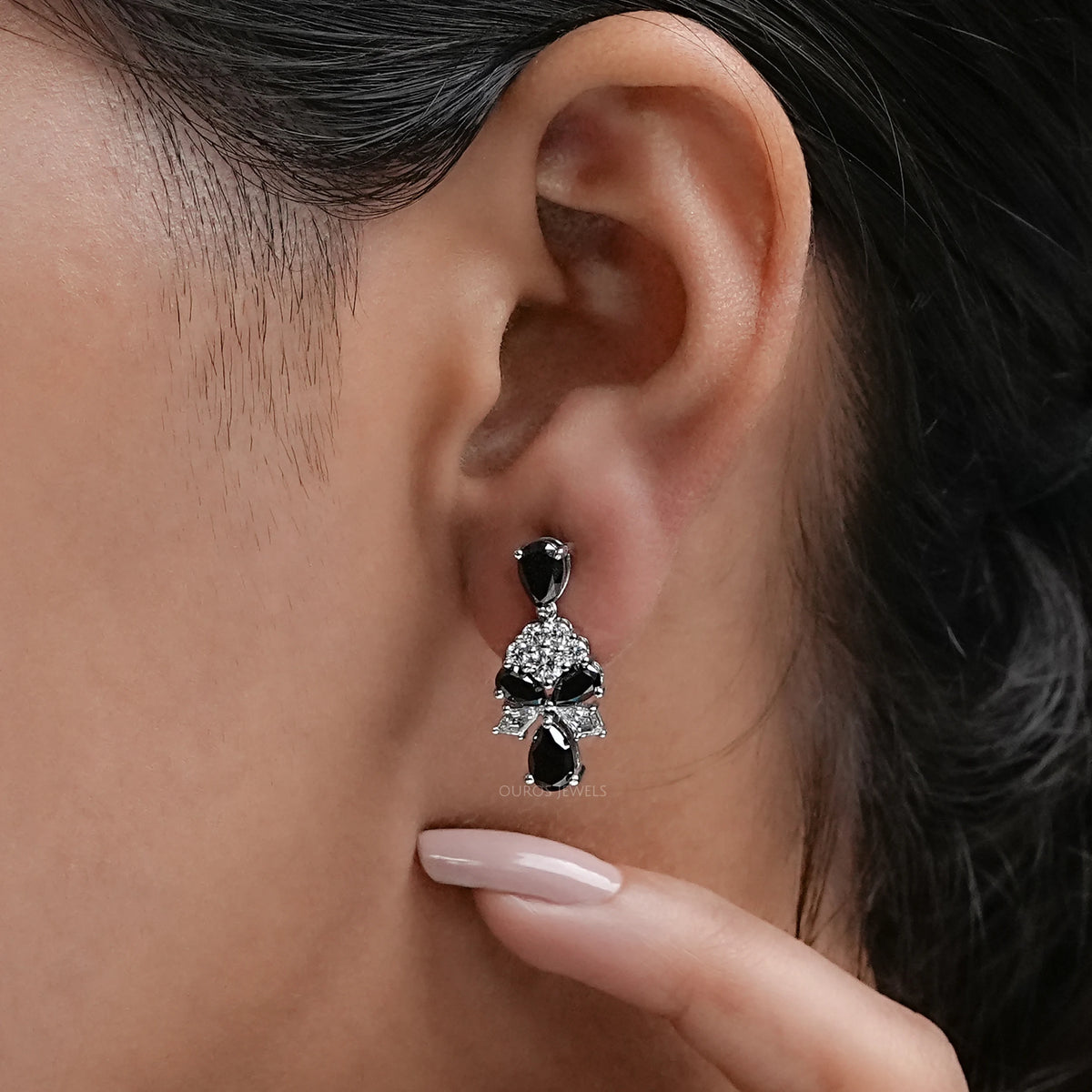 Black Pear Cut Lab Diamond Cluster Drop Dangle Earring Earrings