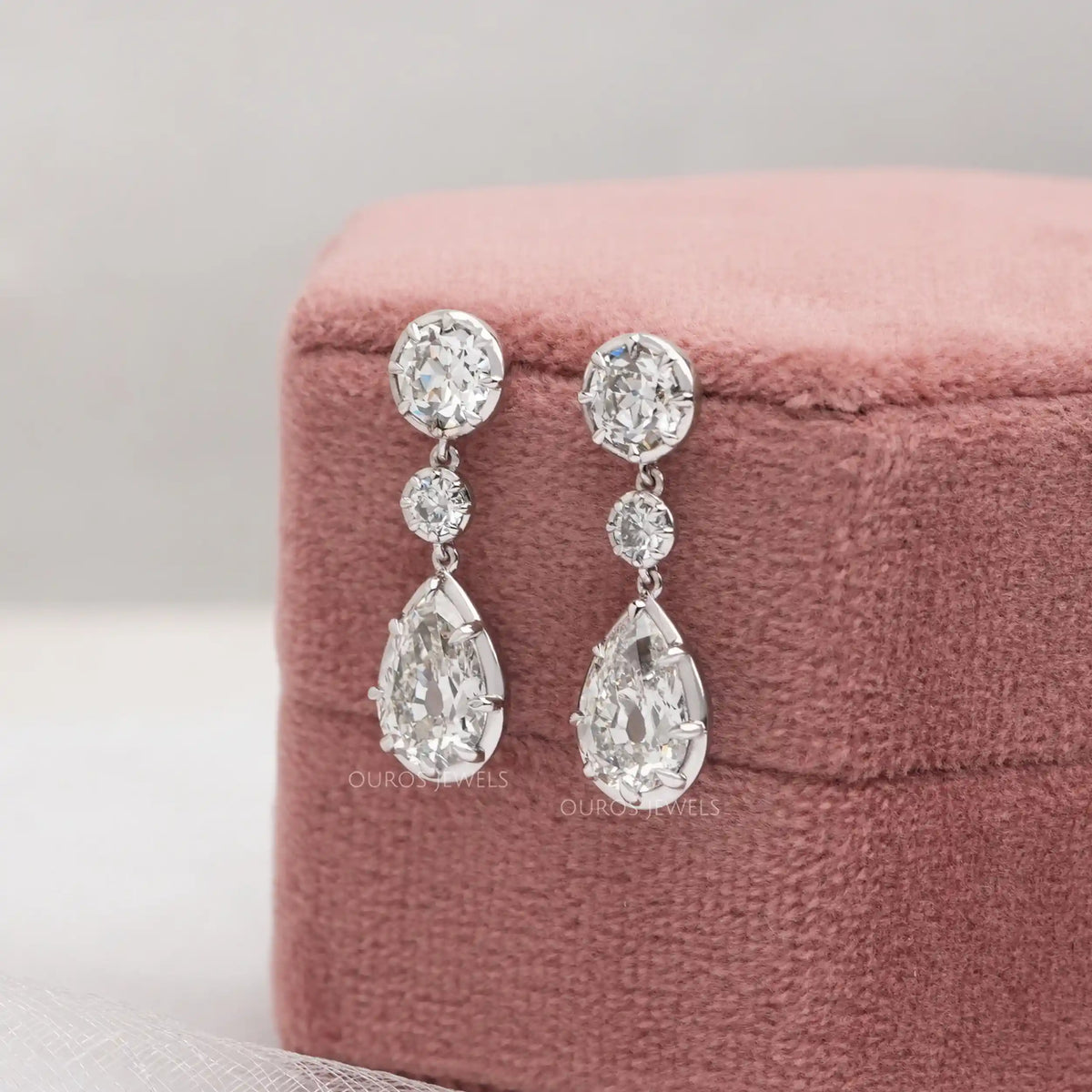 Old Mine Pear And OEC Round Cut Lab Diamond Dangle Earrings Earrings