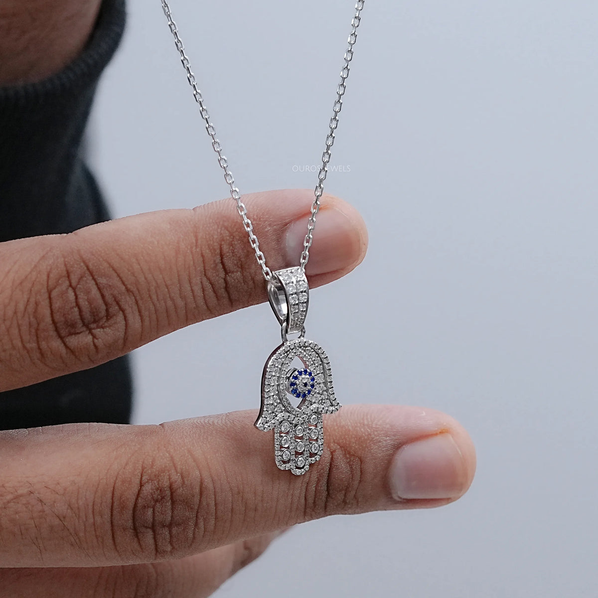 Sapphire And Lab Diamond Round Cut Hamsa Hand Men's Pendant Necklaces