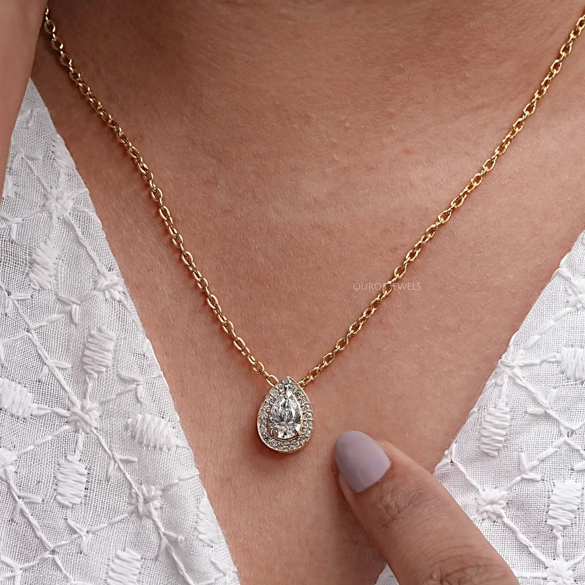 Pear Cut Lab Diamond Halo Pendant Necklaces