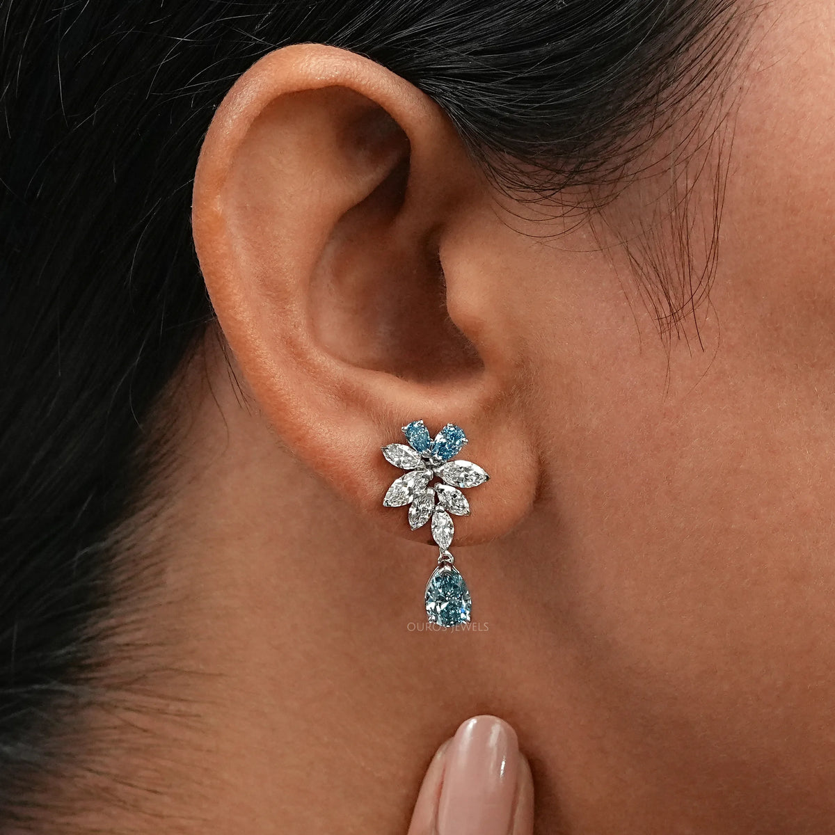 Blue Pear Diamond Cluster Drop Earrings Earrings