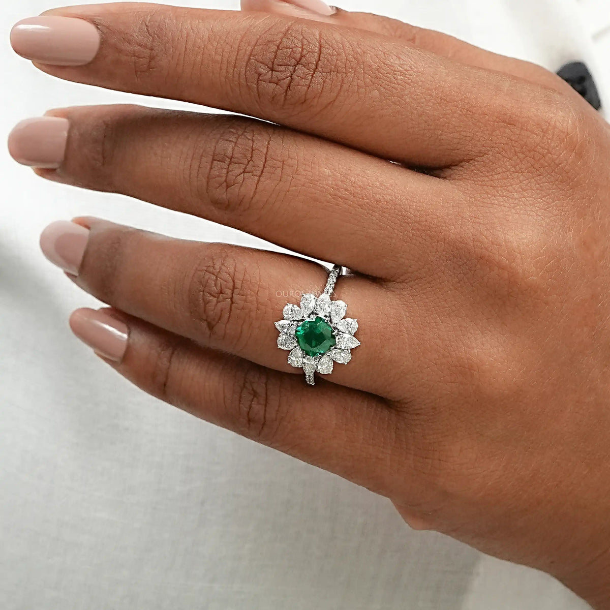 Green Cushion And Lab Diamond Halo Ring