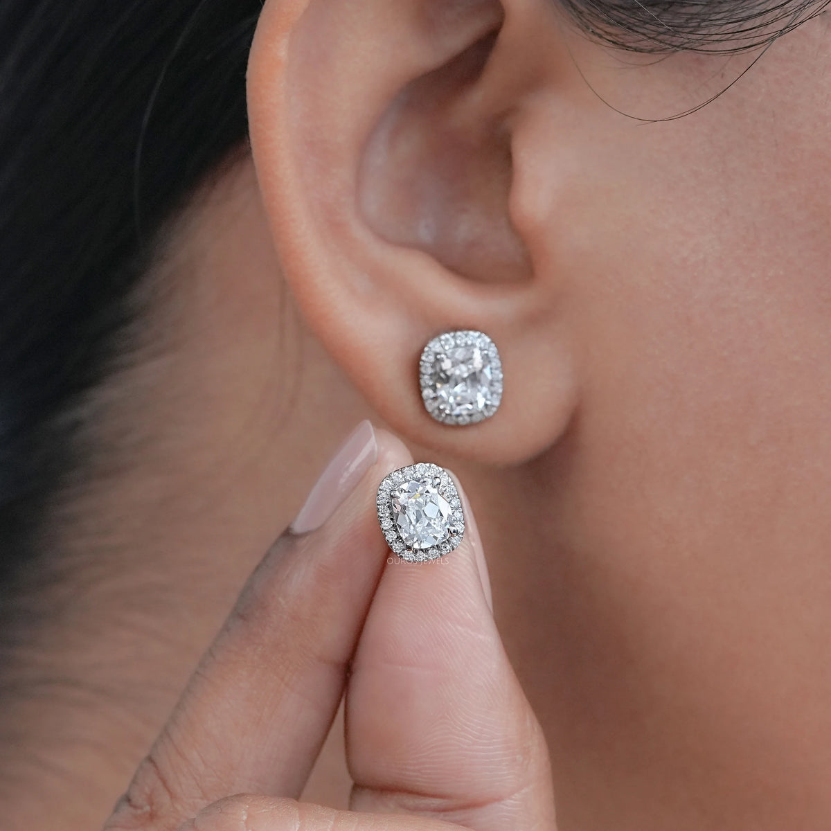 Old Mine Cushion Cut Halo Stud Earrings Earrings