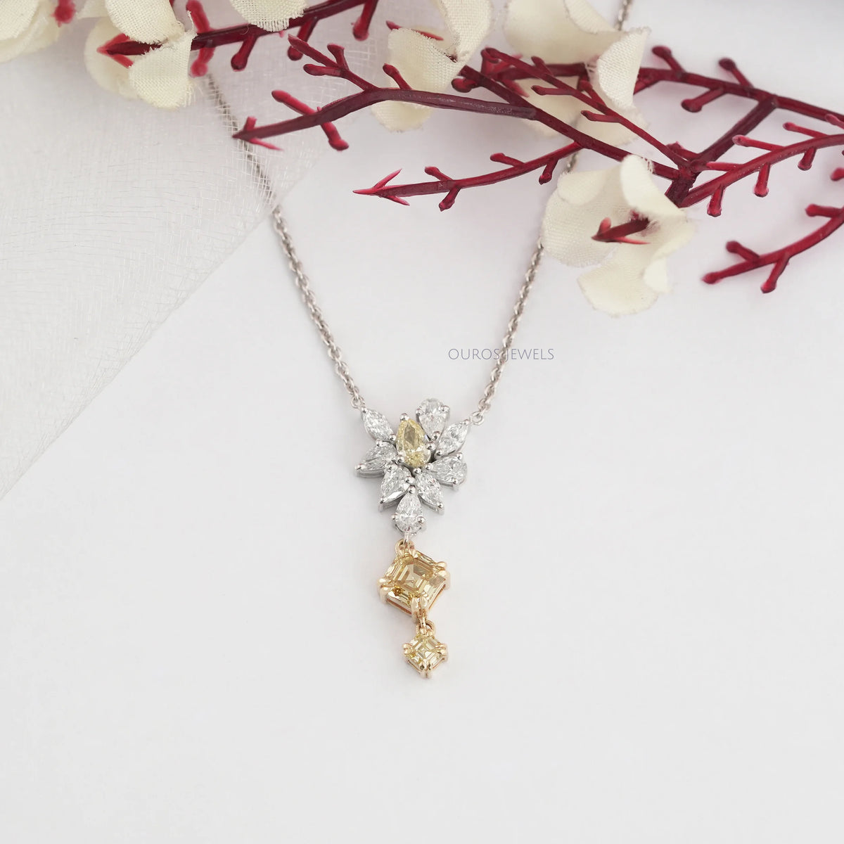 Yellow Asscher And Pear Diamond Cluster Pendant Necklaces