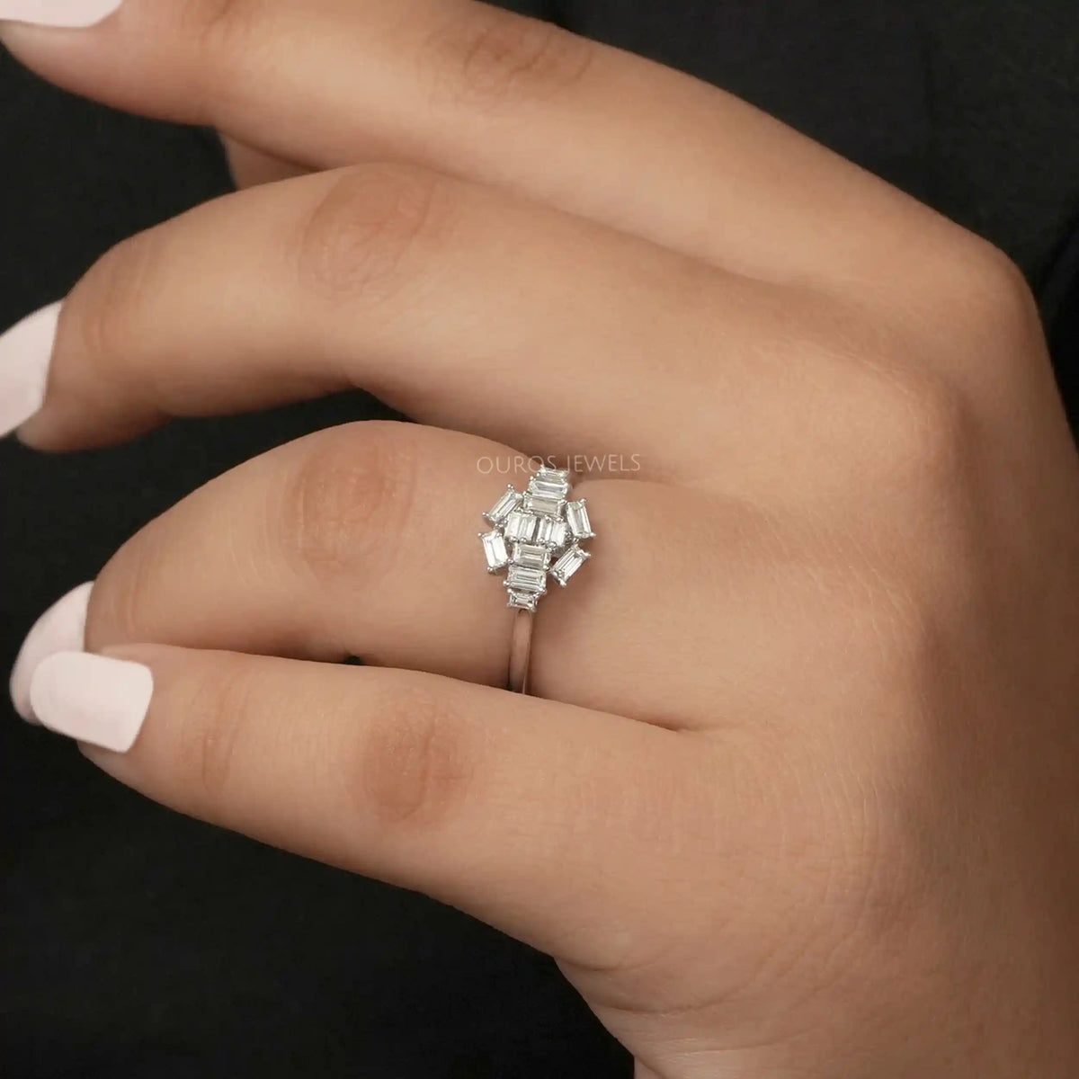 Baguette Cut Lab Cluster Diamond Dainty Ring