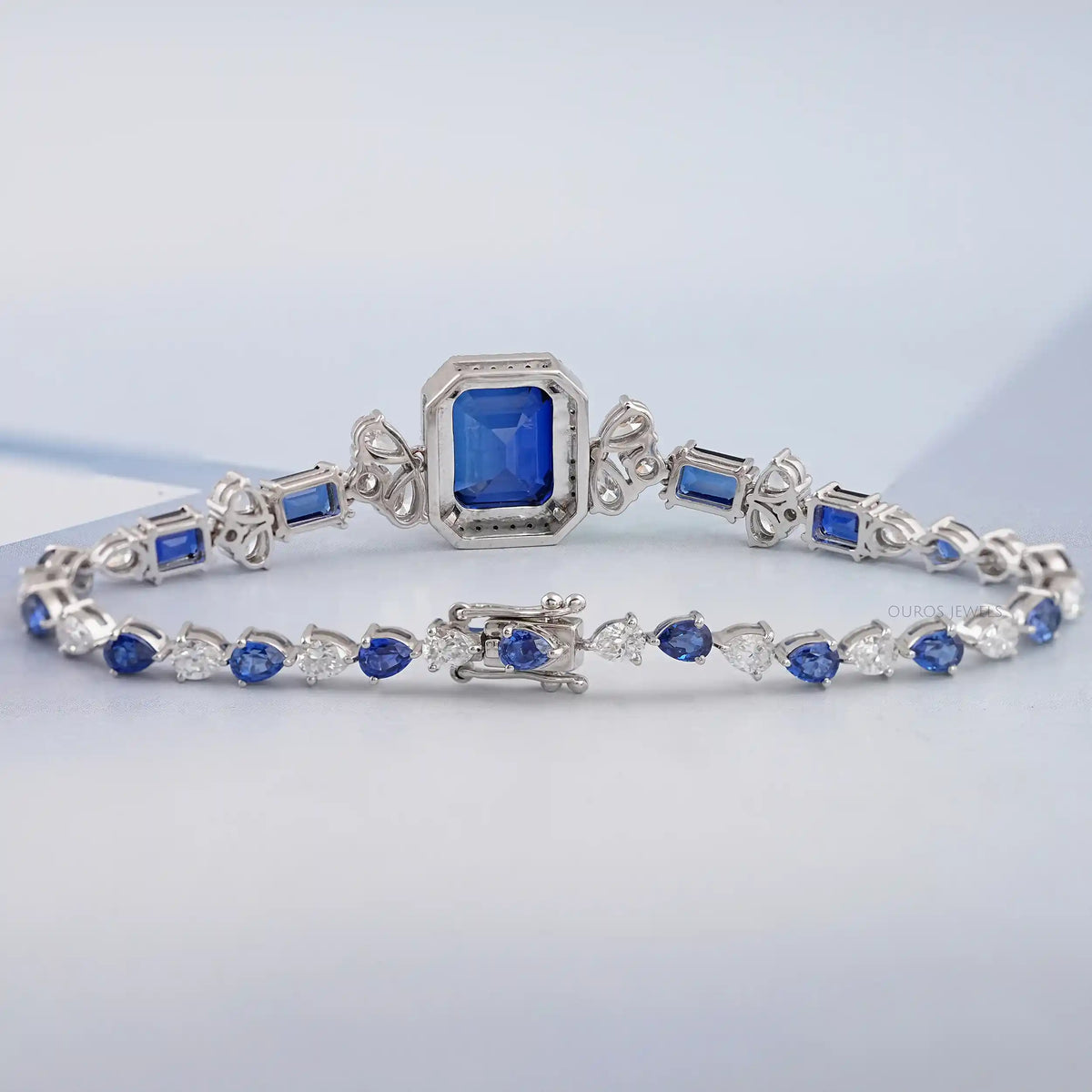 Sapphire Emerald Cut Halo Diamond Bracelet