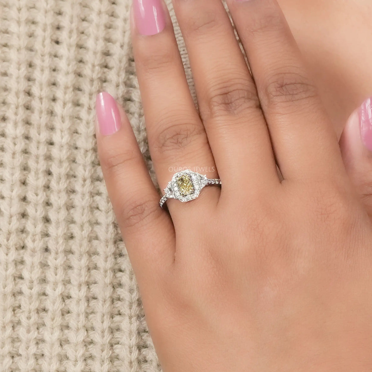 Yellow Radiant Cut Halo Three Stone Engagement Ring