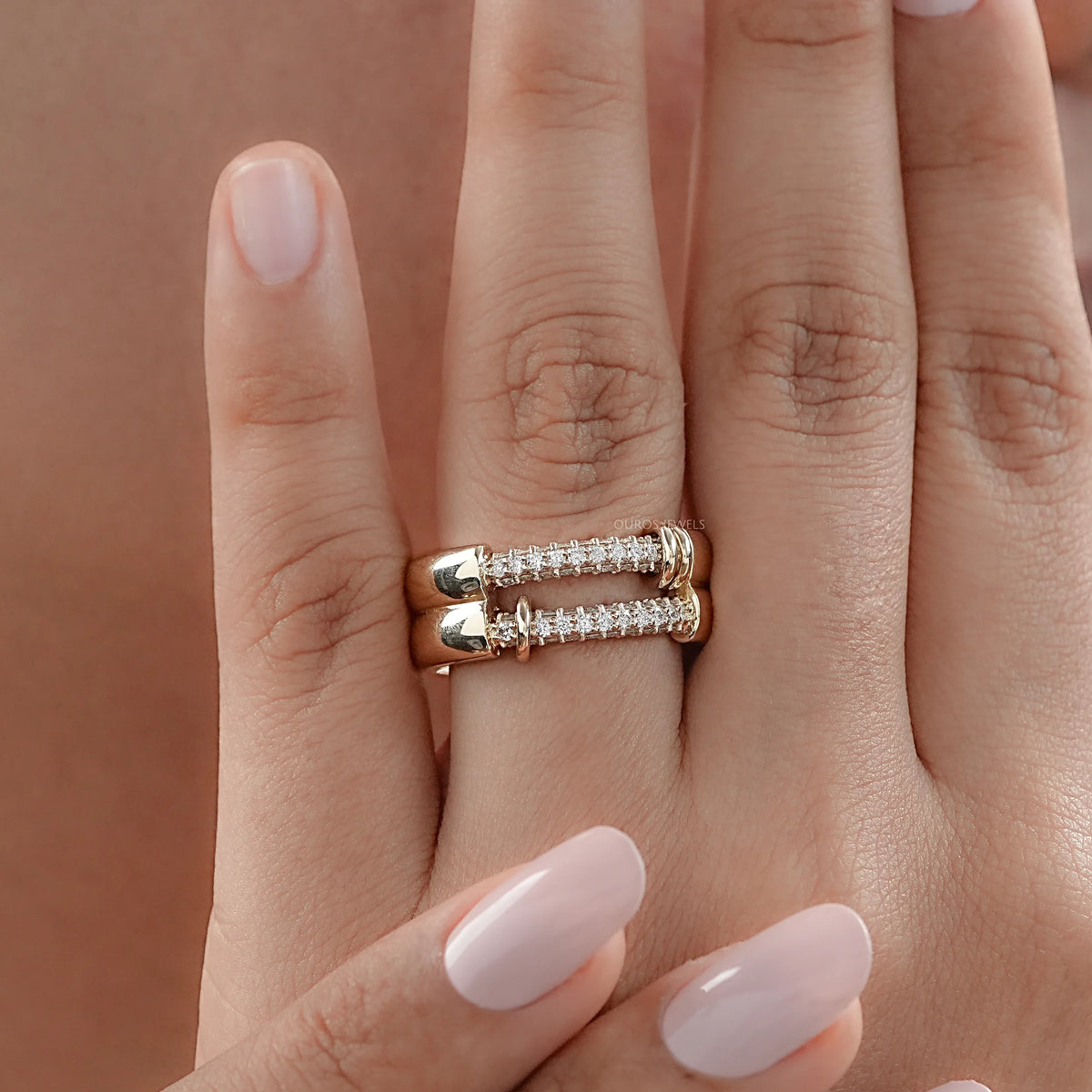 Double Row Connecter Round Lab Diamond Wedding Band Rings