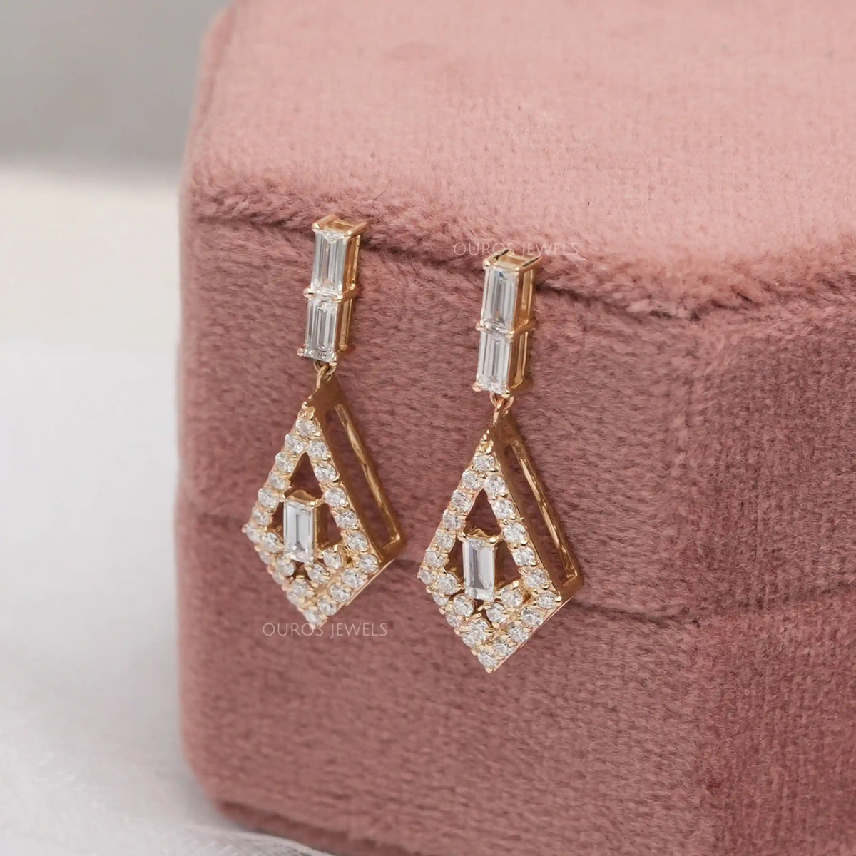 Baguette Cut & Round Halo Lab Grown Diamond Drop Earrings