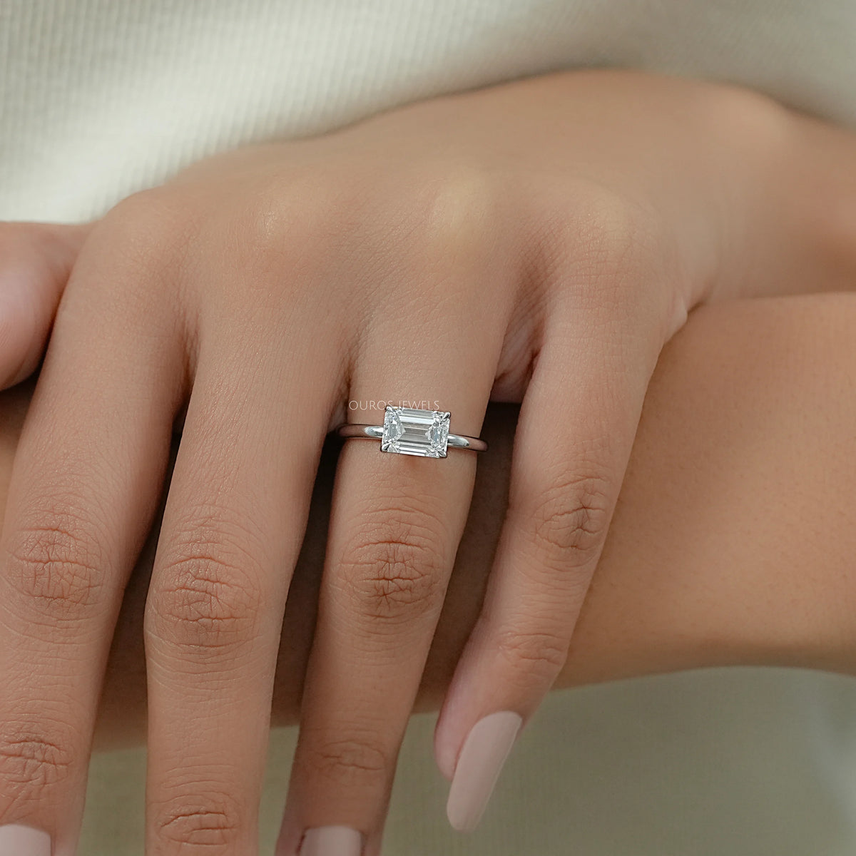 East West Emerald Lab Diamond Solitaire Ring Rings