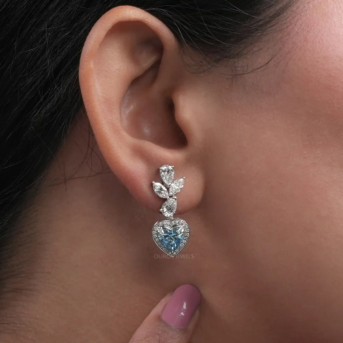 Blue Heart Halo Diamond Dangle Earrings Earrings