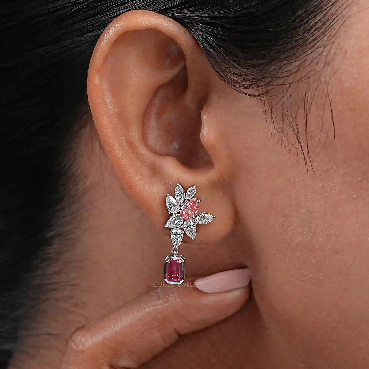 Cluster Drop Earrings With Pink & White Diamonds Earring