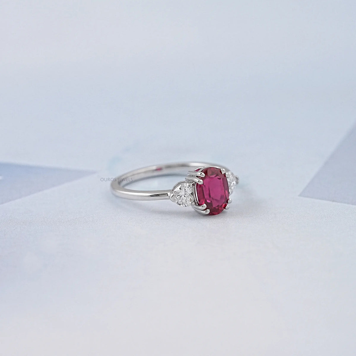 Oval Cut Red Ruby Three Stone Ring Ring