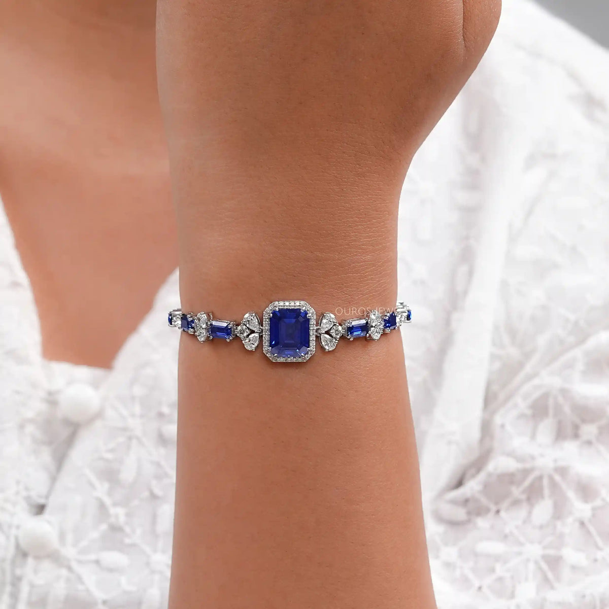 Sapphire Emerald Cut Halo Diamond Bracelet
