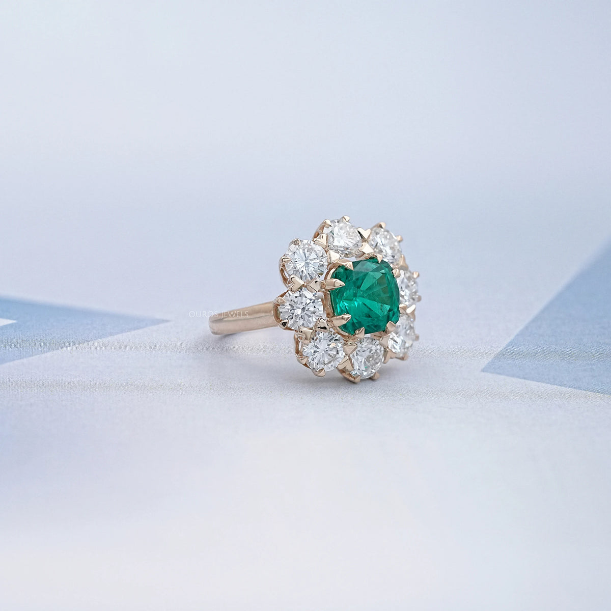 Emerald Square Cushion Round Halo Floral Engagement Ring