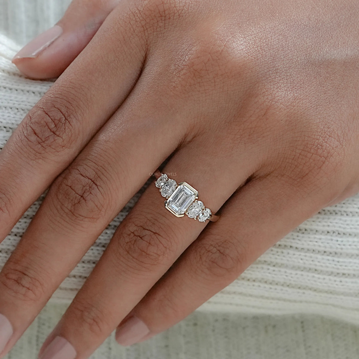 Half Bezel Emerald And Oval Five Stone Engagement Ring Rings