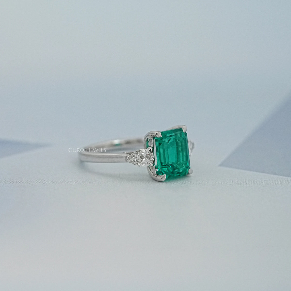 Three Stone Green Emerald Engagement Ring
