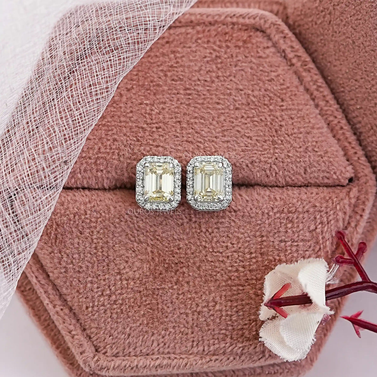 Yellow Emerald Lab Diamond Halo Stud Earrings Earrings