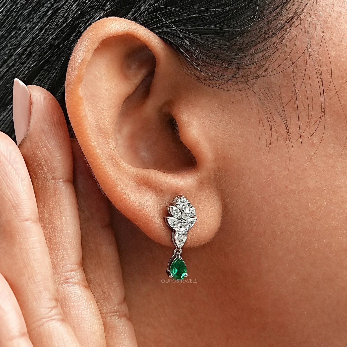 Green Emerald And Pear Diamond Cluster Earrings
