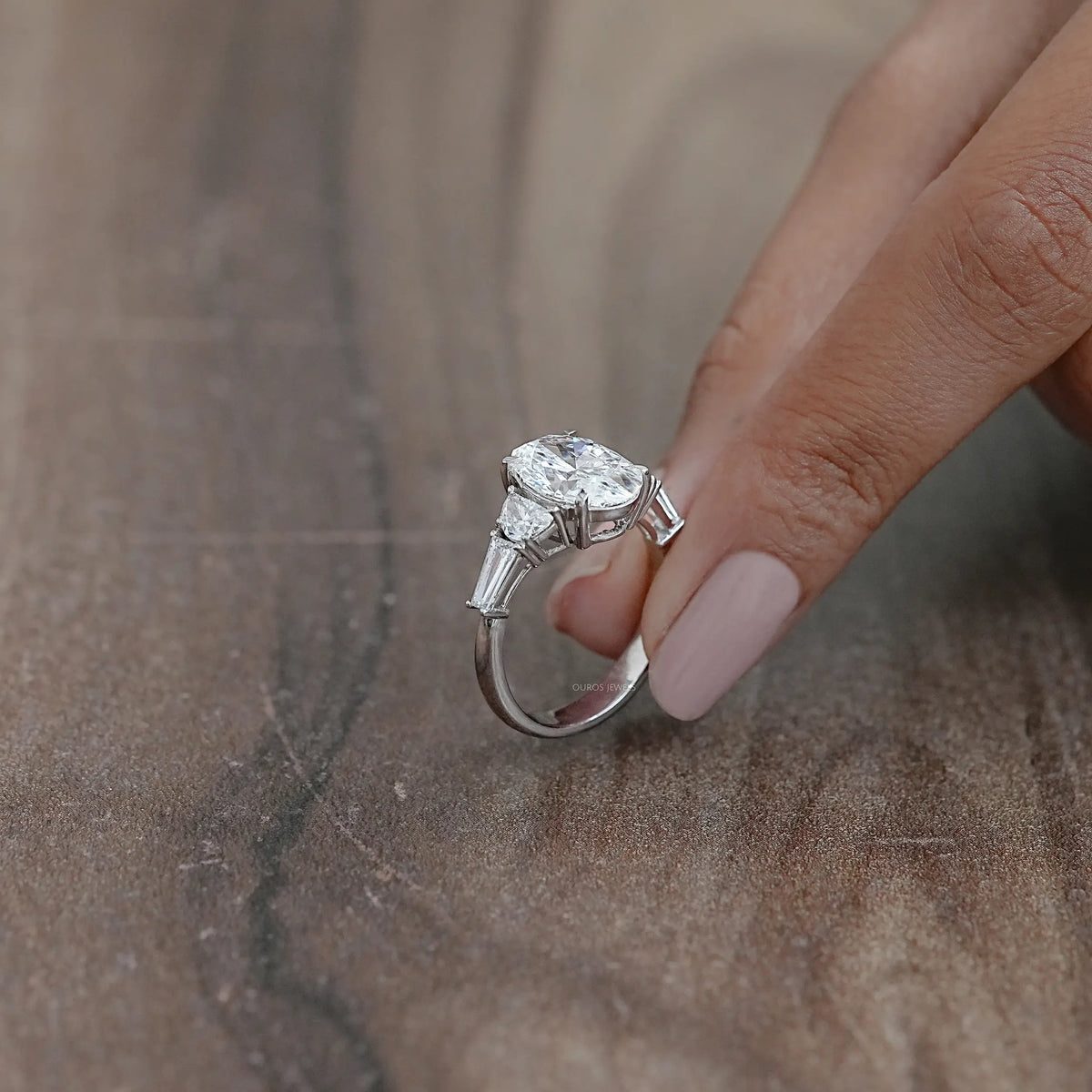 Oval And Half Moon Diamond Five Stone Engagement Ring Rings