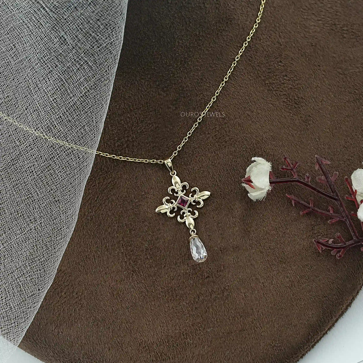 Princess Ruby Gemstone Fleur De Lis Pendant Necklaces