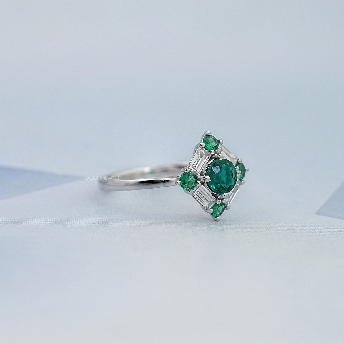 Green Round And Baguette Diamond Halo Engagement Ring