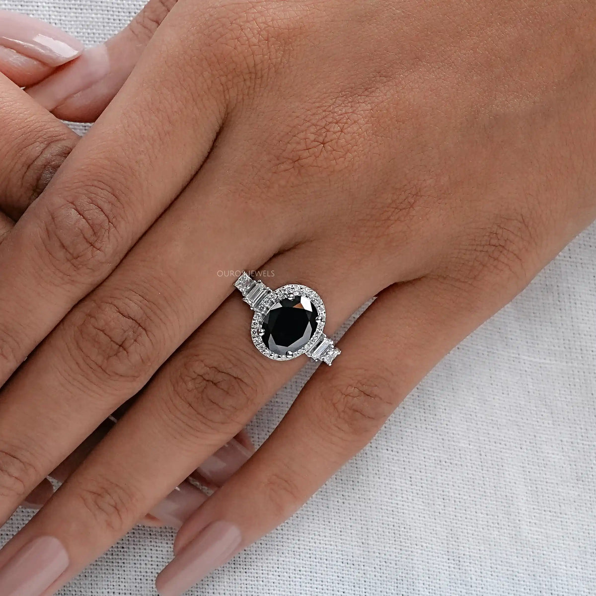 Black Oval Cut Halo With Accent Diamond Ring Rings