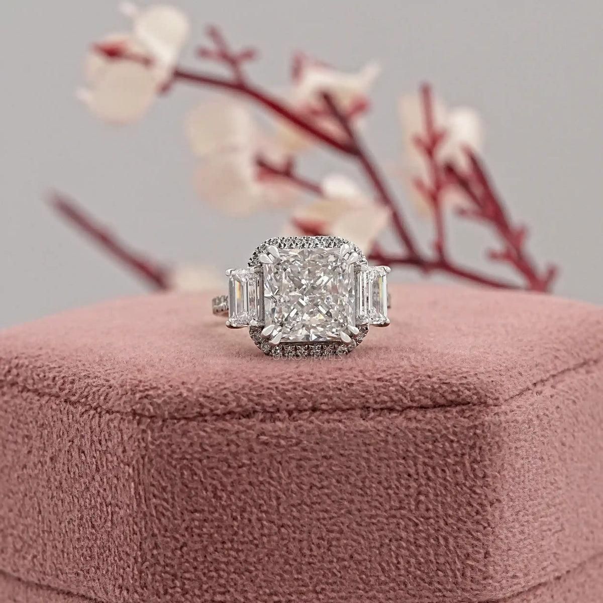 Square Radiant Cut Three Stone Halo With Accent Ring Rings