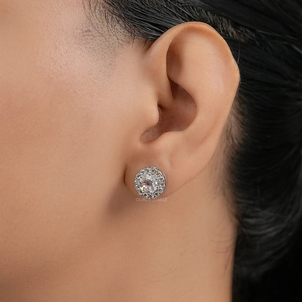 Rose Cut Round Diamond Halo Stud Earrings Earring