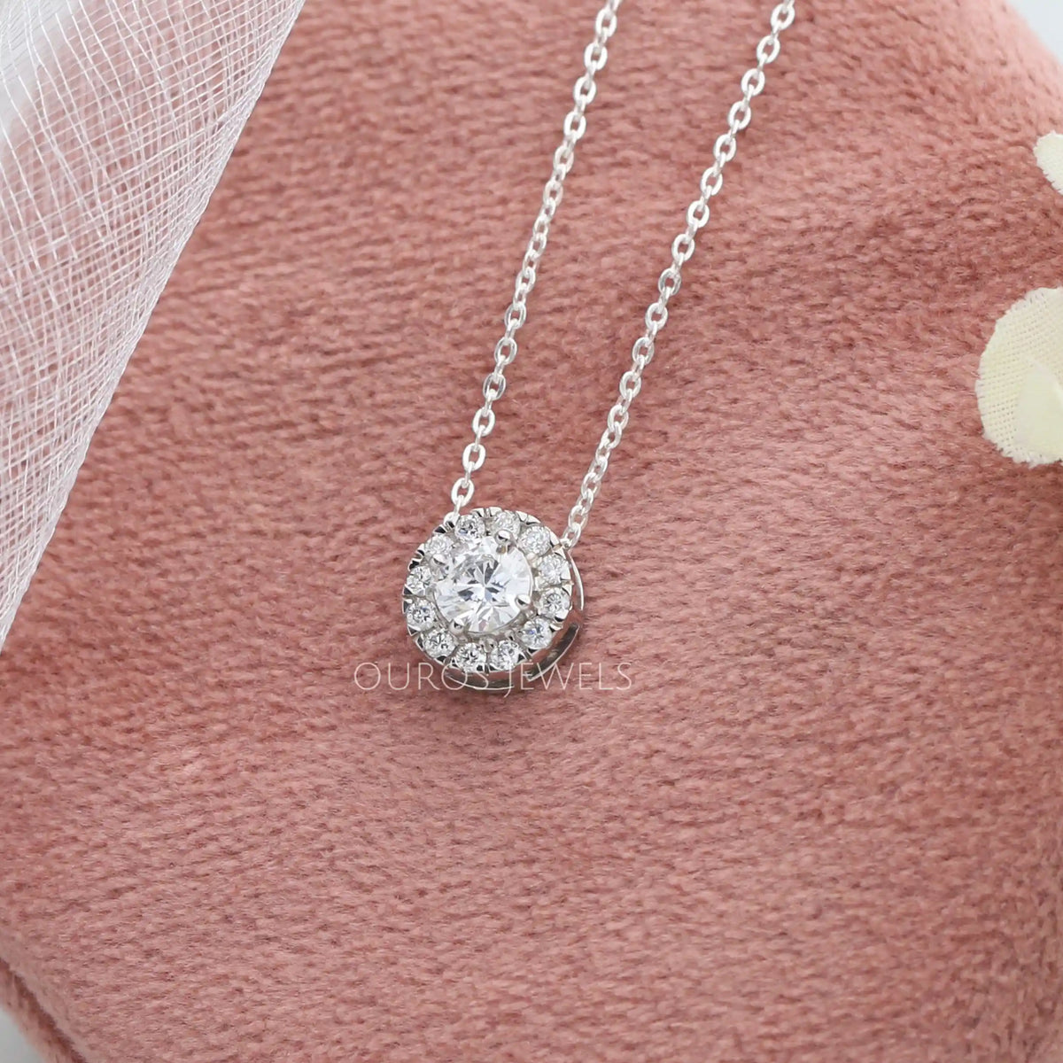 White Gold Halo Round Diamond Pendant Necklaces