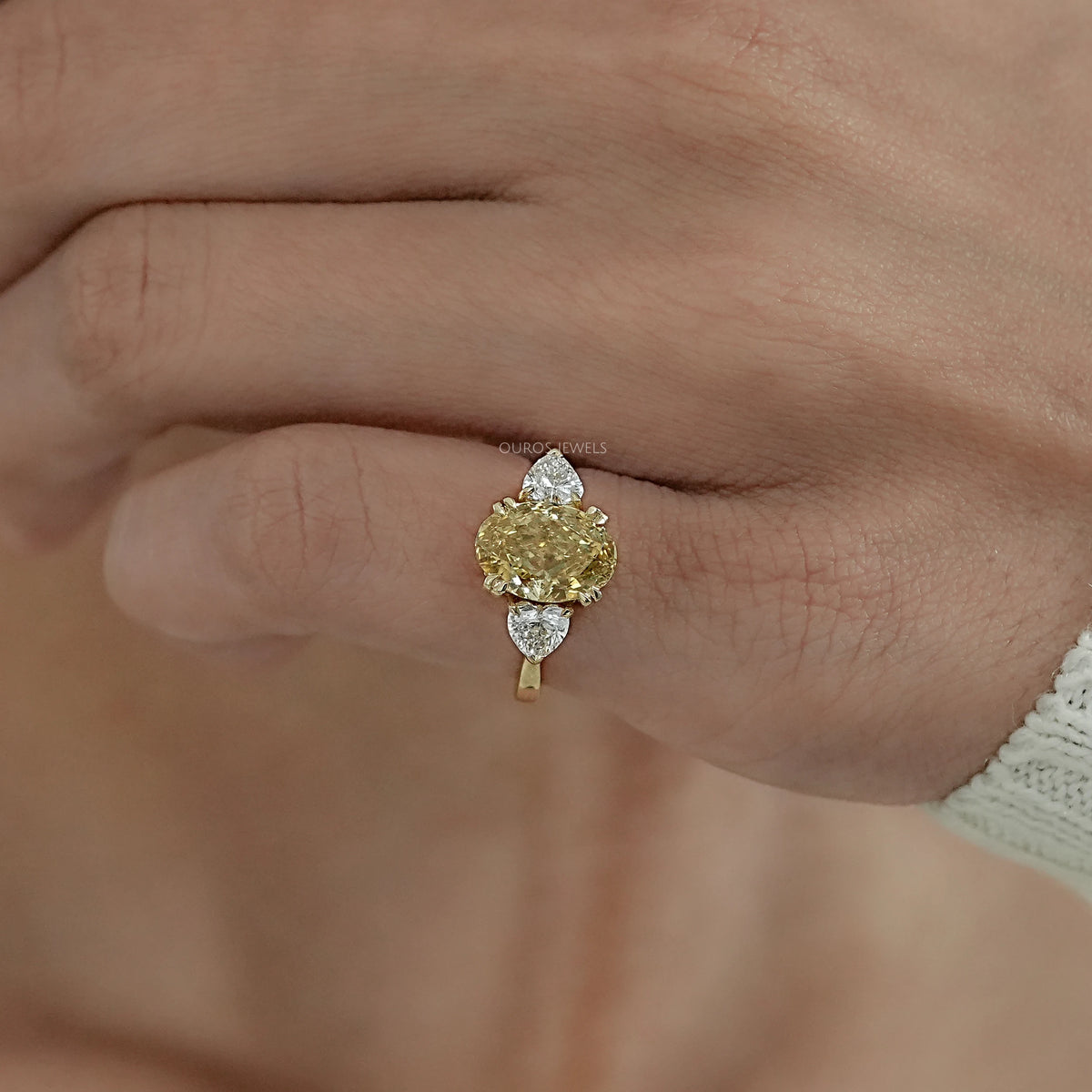Fancy Vivid Yellow Oval Cut Hidden Halo Three Stone Ring Ring