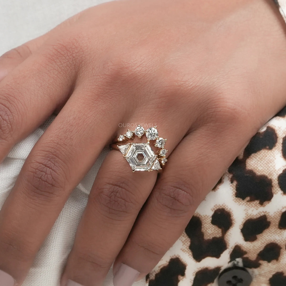 Antique Hexagon Cut Three Stone Curved Bridal Ring Set Rings