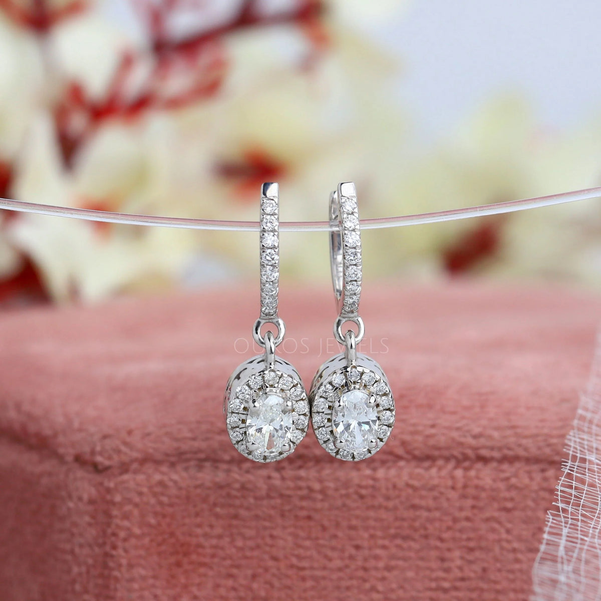 Oval Shape Lab Grown Diamond Halo Drop Earrings