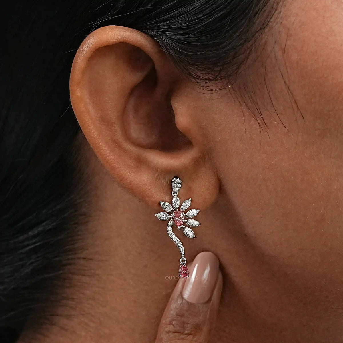 Flower Shape Pink Pear & Marquise Shape Earrings Earrings