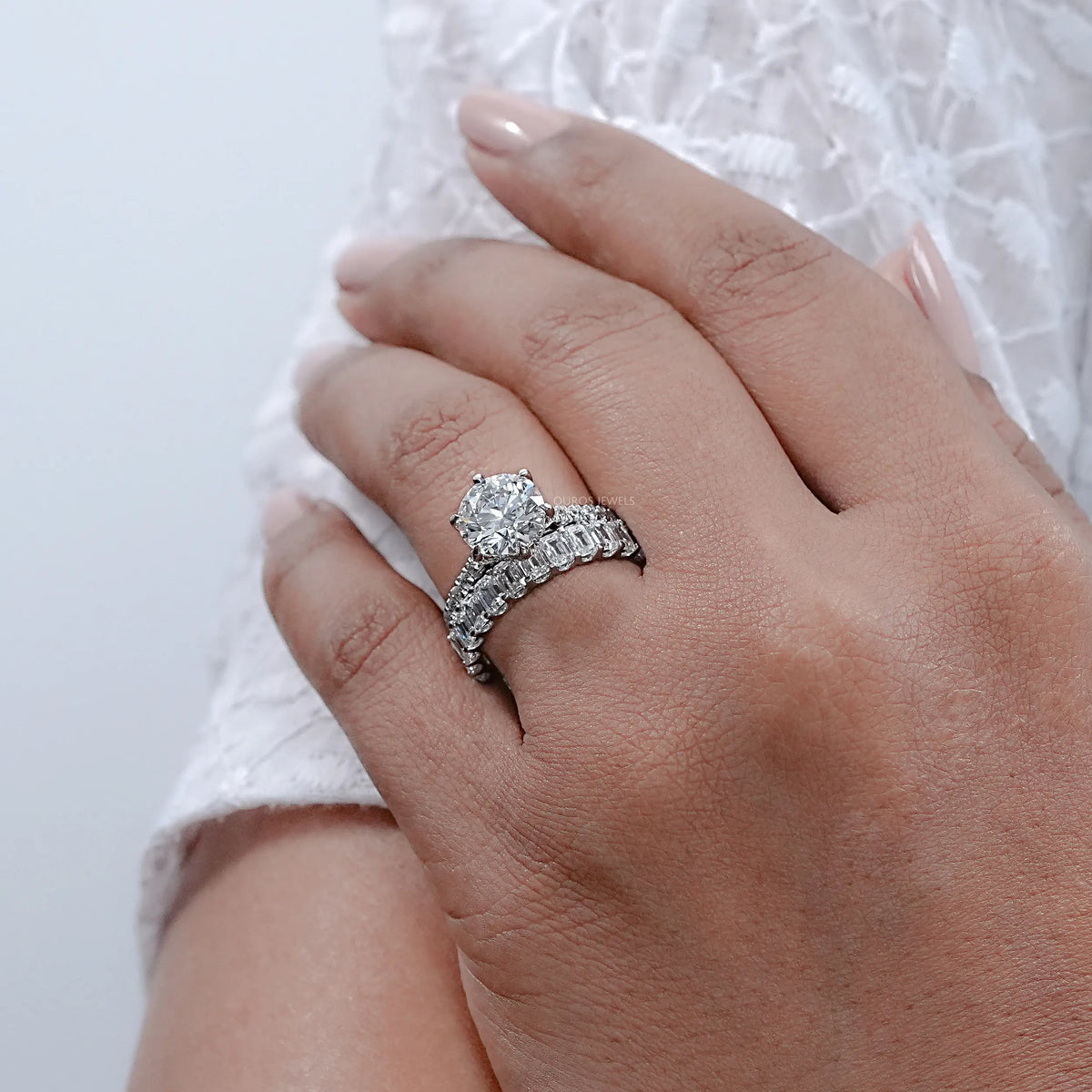 Round Lab Diamond Solitaire Accent Bridal Ring Set Rings