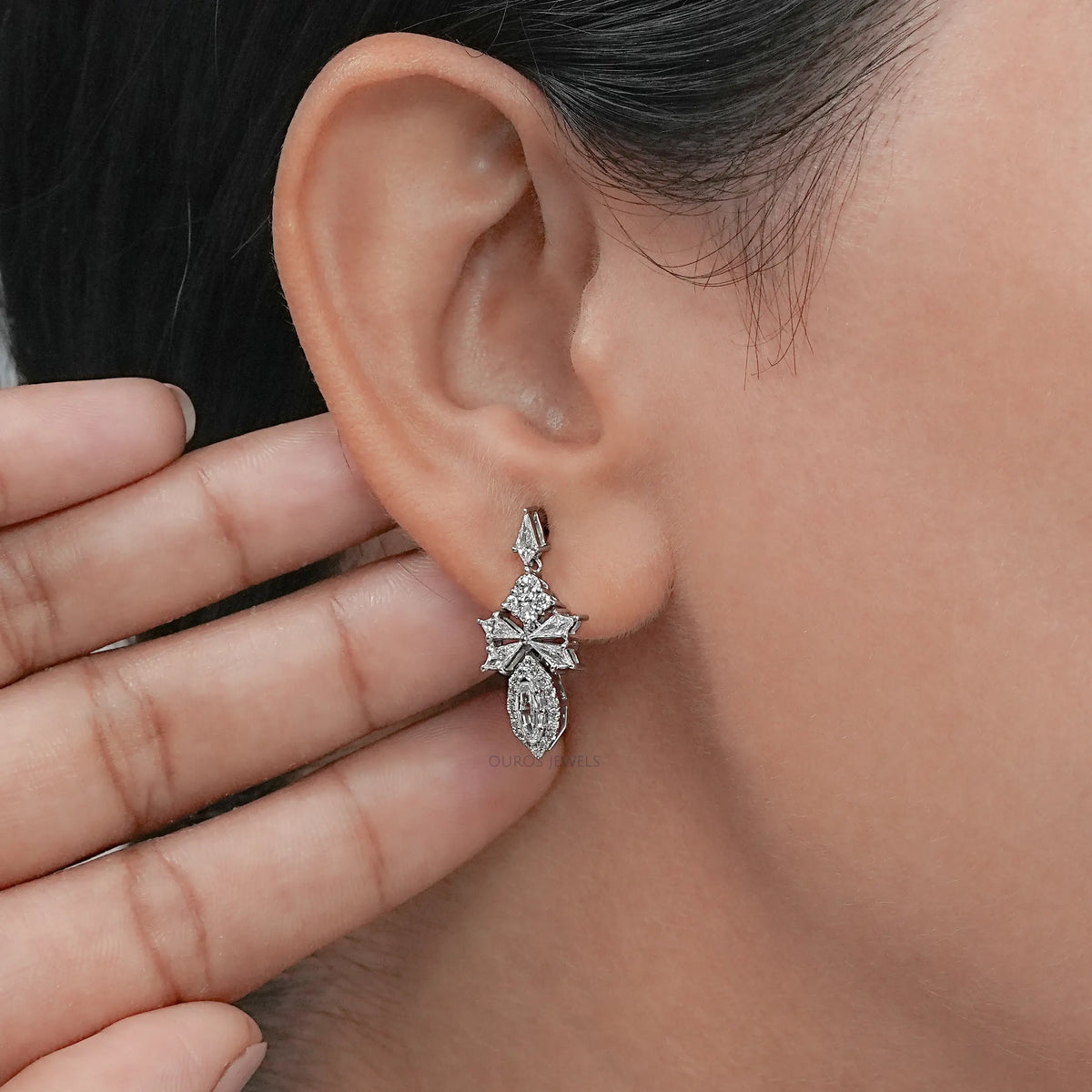 Step Cut Oval Diamond Cluster Dangle Drop Earrings