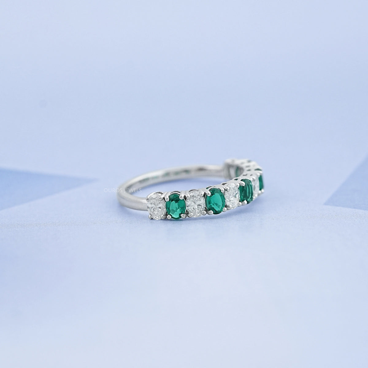 Green Oval Gemstone Half Eternity Wedding Band Rings