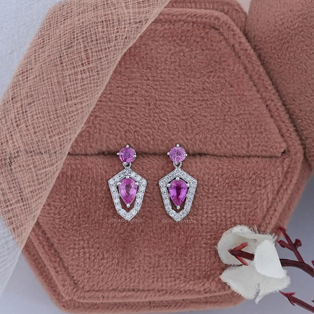 Pear Shape Halo Gemstone Dangle Earrings