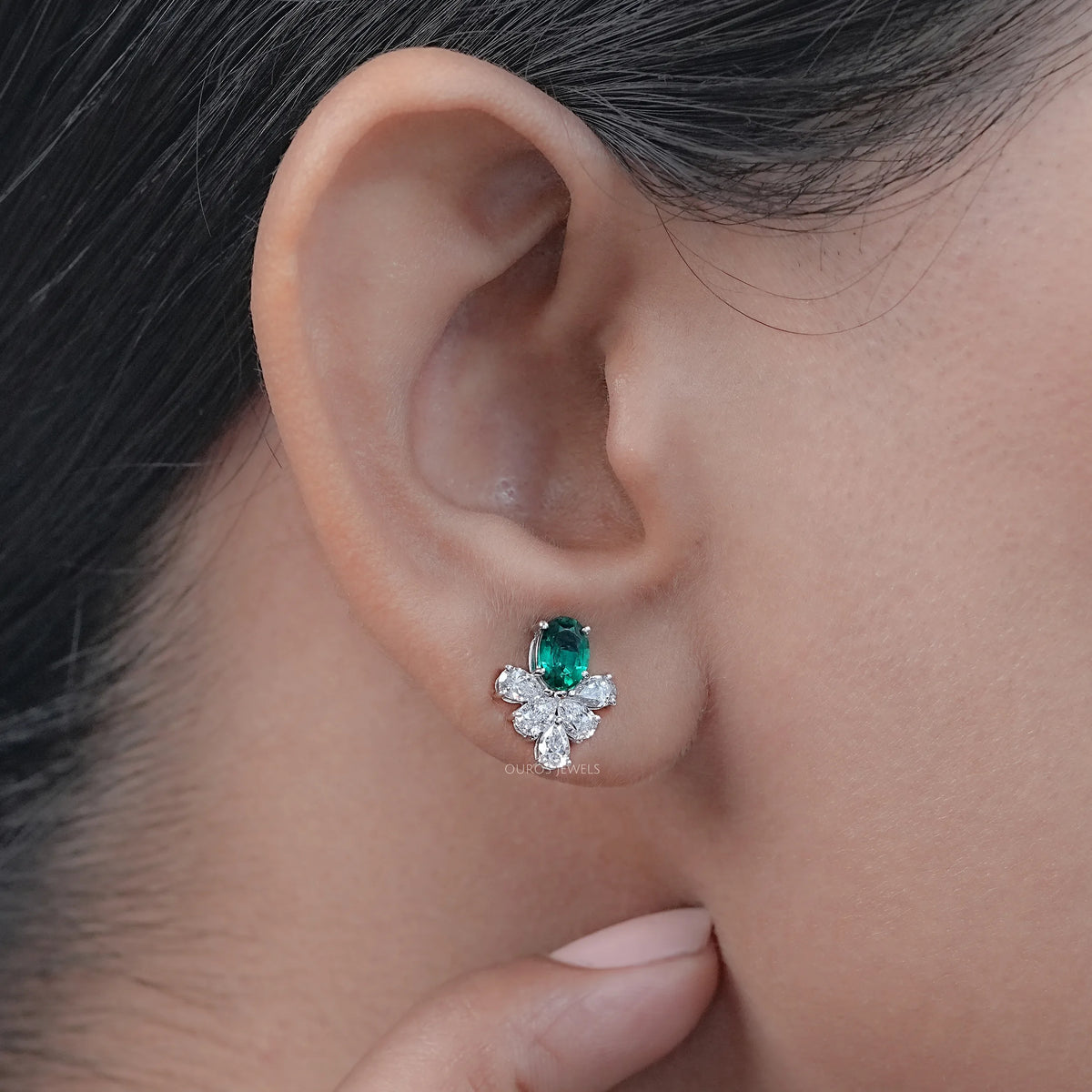 Green Oval And Pear Lab Diamond Floral Stud Earrings Earrings