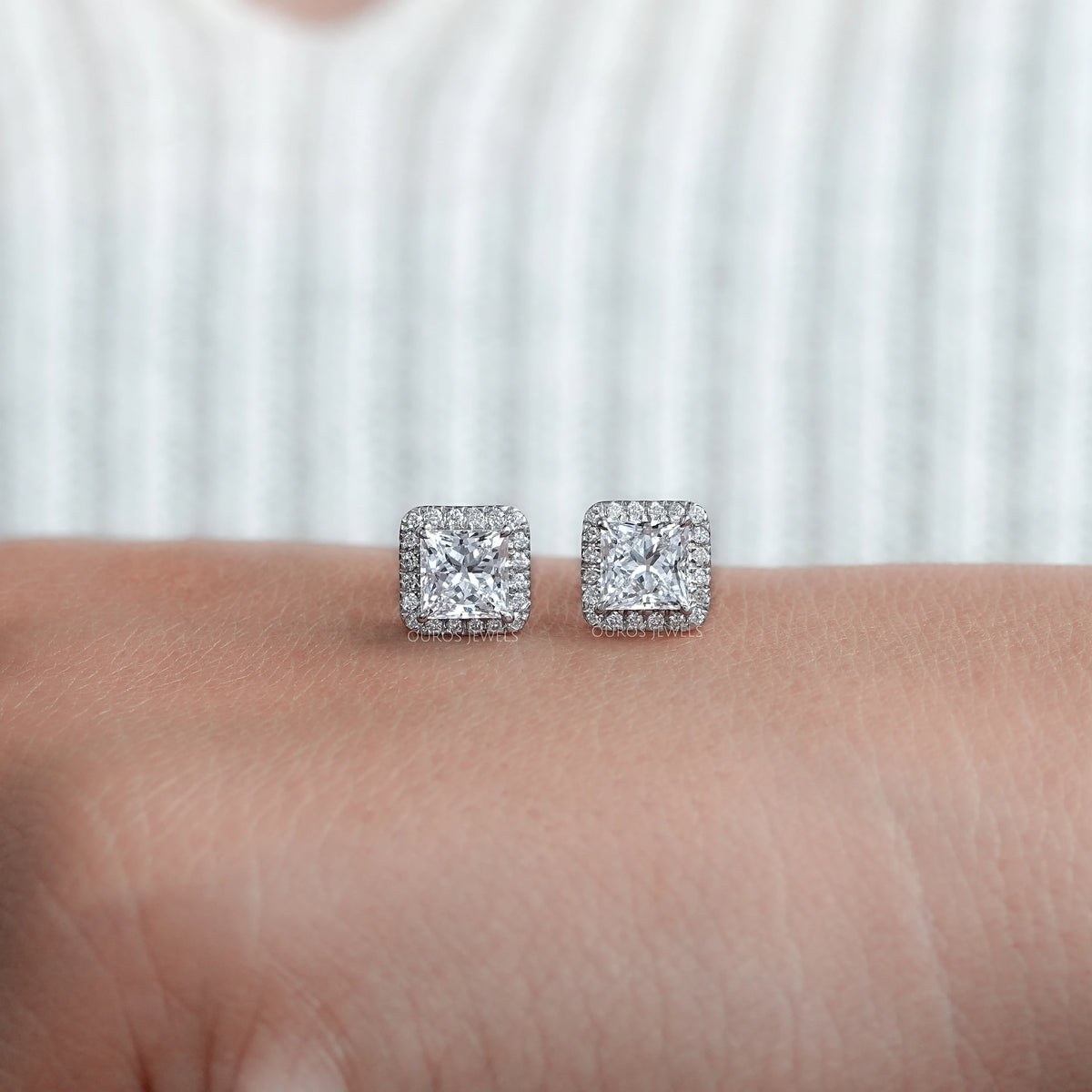 Lab Princess Diamond Halo Stud Earrings Earring