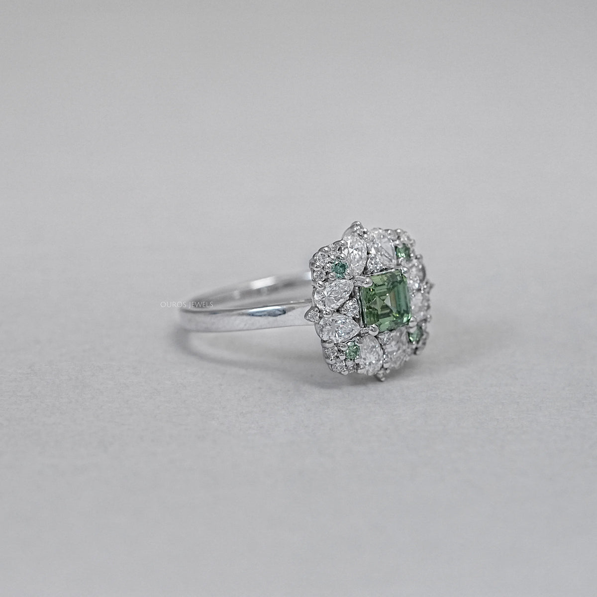 Green Asscher Lab Diamond Cluster Engagement Ring