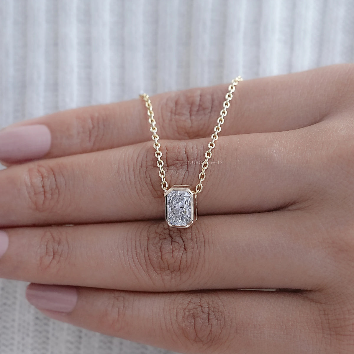 Bezel Radiant Lab Grown Diamond Solitaire Pendant Necklaces