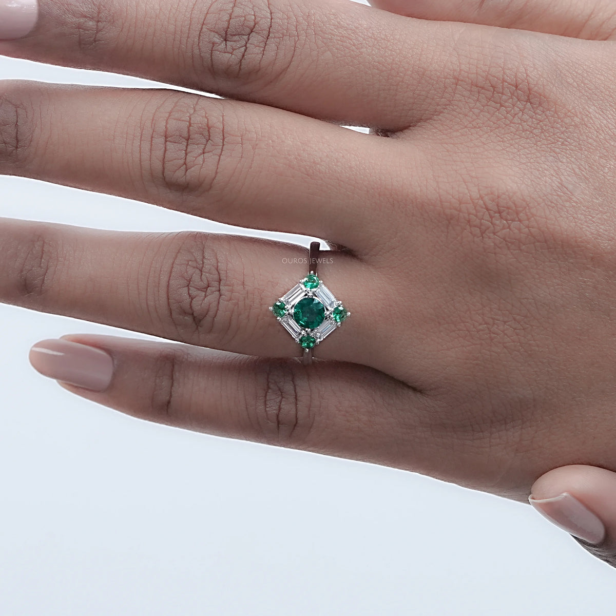 Green Round And Baguette Diamond Halo Engagement Ring